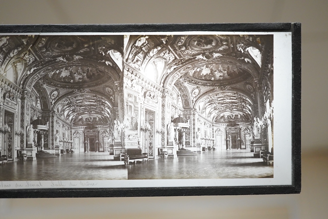 A collection of over 300 late 19th and early 20th century stereoscopic cards, including a fitted mahogany case containing 30 glass examples, the themes include; scenic views, sculptures and statues, buildings, Windsor, p